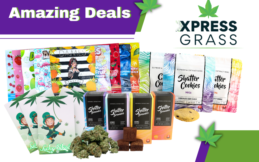 This image features products from our marijuana dispensary such as edible gummies, chocolate chip cookies, chocolate brownies, shatter and weed flower.
