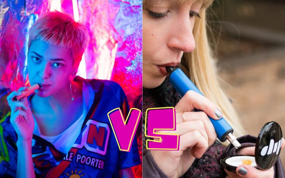 Comparison of a young woman using a vape pen on the left and a young woman using a dab pen on the right.