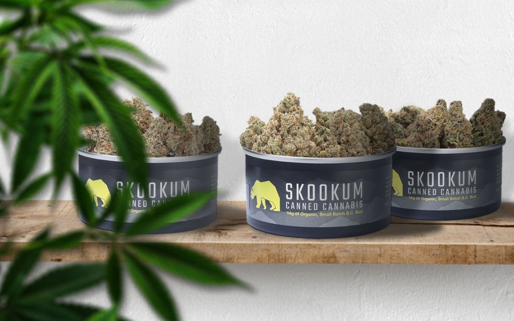 Featured image for blog article about Skookum. Skookum tins sit on a table next to hemp plant.